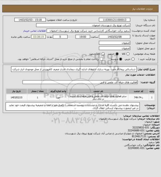 استعلام شناسائی پیمانکار جهت بهینه سازی تابلوهای اندازه گیری دیماندی فشار ضعیف  کامپوزیتی از محل موجودی انبار شرکت