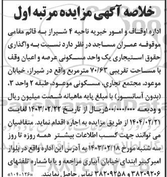 خلاصه آگهی مزایده واگذاری حقوق استیجاری یک واحد مسکونی عرصه و اعیان