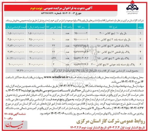 مزایده عمومی فروش تعدادی از اقلام مازاد (شیرهای بال ولو و پلاگ ولو) نوبت دوم
