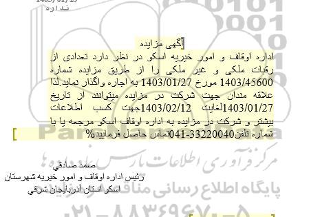 مزایده اجاره تعدادی از رقبات ملکی و غیر ملکی