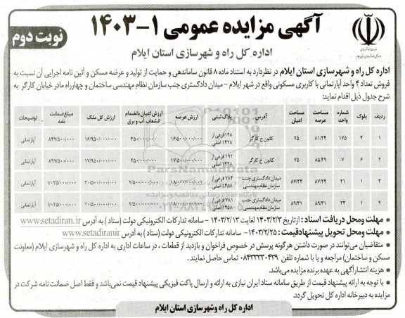 مزایده فروش 4 واحد آپارتمانی با کاربری مسکونی- نوبت دوم