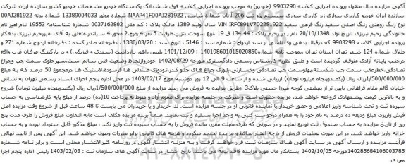 آگهی مزایده سواری سیستم پژو تیپ 206 آریان