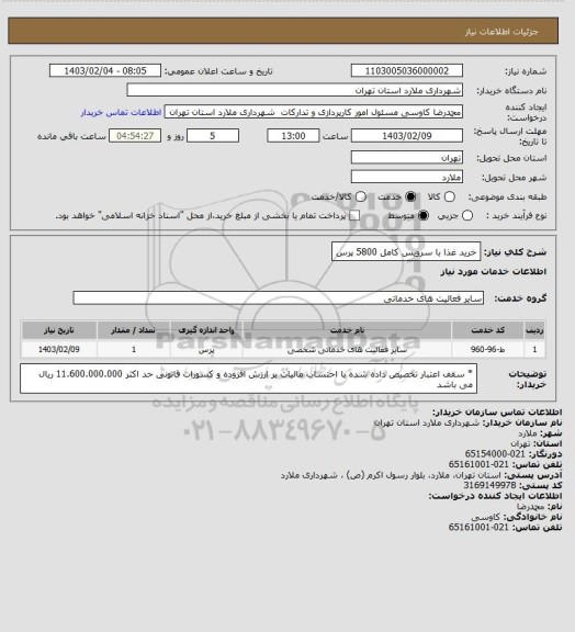 استعلام خرید غذا با سرویس کامل 5800 پرس