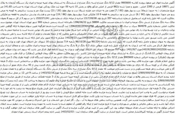 آگهی مزایده مقدار 0/12 دانگ مشاع ازسه دانگ مشاع از ششدانگ به استثنای بهای ثمنیه عرصه و اعیان یک دستگاه آپارتمان به پلاک ثبتی 18971 فرعی از 2395 اصلی