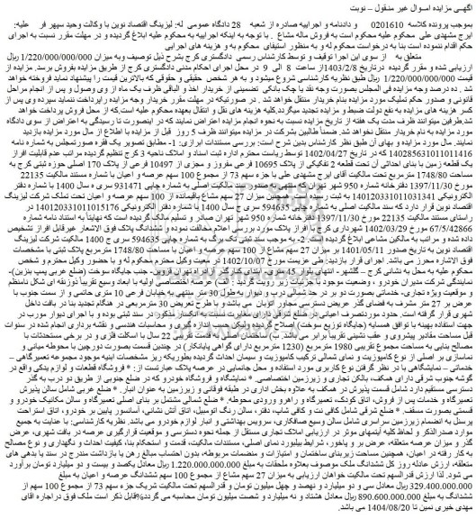 مزایده فروش یک قطعه زمین با بنای احداثی آن تحت قطعه 2 تفکیکی از پلاک 10695 فرعی مفروز و مجزی از 10497 فرعی از پلاک 170 اصلی