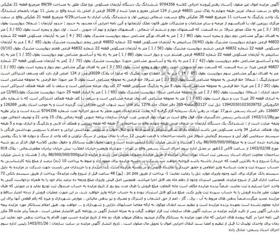 آگهی مزایده ششدانگ یک دستگاه آپارتمان مسکونی نوع ملک طلق به مساحت 89/59 مترمربع قطعه 21 تفکیکی