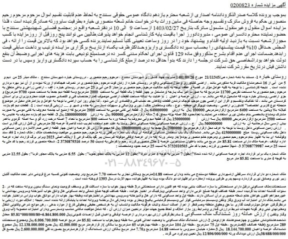 مزایده فروش ششدانگ ملک مسکونی 