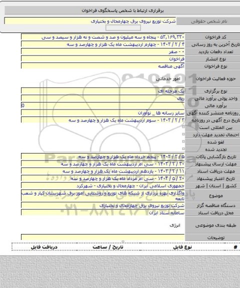 مناقصه, واگذاری بهره برداری از شبکه های توزیع و روشنایی امور برق شهرستان کیار و شعب تابعه