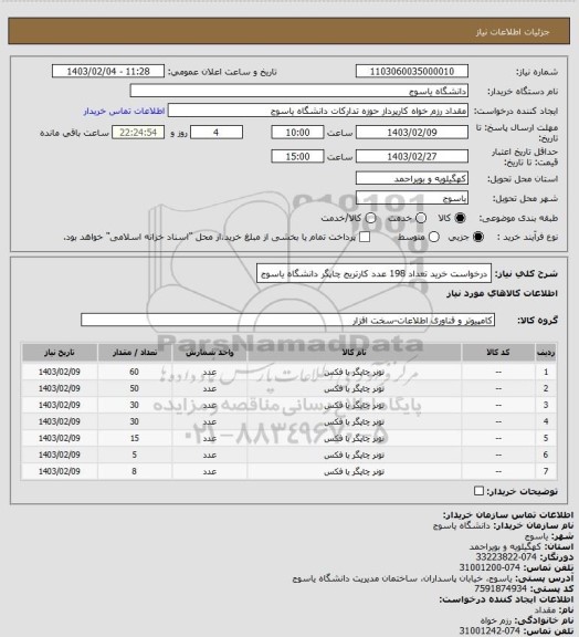 استعلام درخواست خرید تعداد 198 عدد کارتریج چاپگر دانشگاه یاسوج