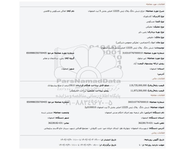 شش دانگ پلاک ثبتی 12225 اصلی بخش 5 ثبت اصفهان