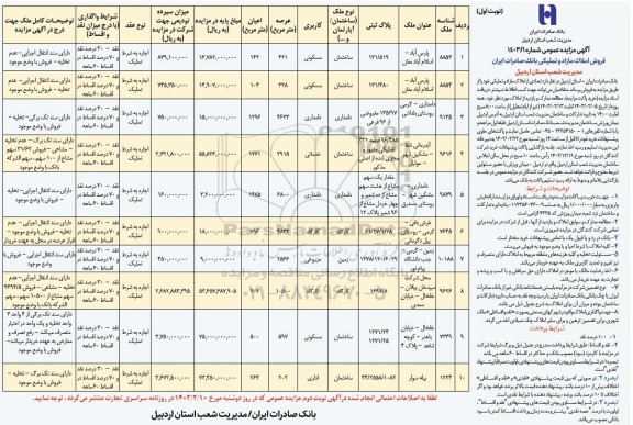 مزایده عمومی فروش املاک مازاد بانک صادرات اردبیل