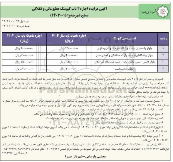 مزایده اجاره 4 باب کیوسک مطبوعاتی و تنقلاتی سطح شهر نوبت دوم