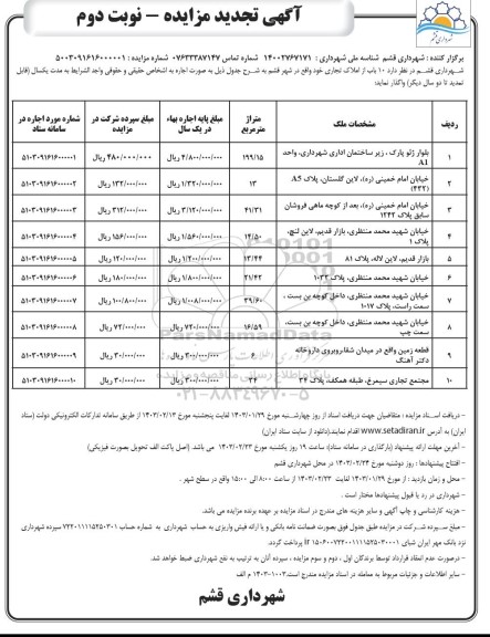 تجدید مزایده واگذاری 10 باب از املاک تجاری  - نوبت دوم 