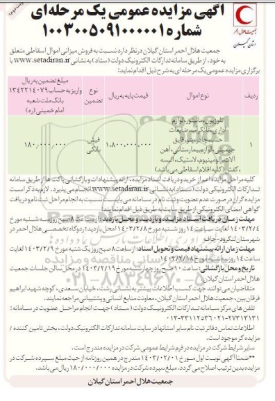 مزایده فروش تلویزیون، مانیتور، لوازم اداری، تانکر آب، ضایعات حلب، .... ـ نوبت دوم