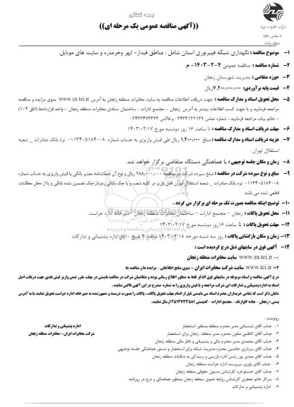 مناقصه نگهداری شبکه فیبر نوری