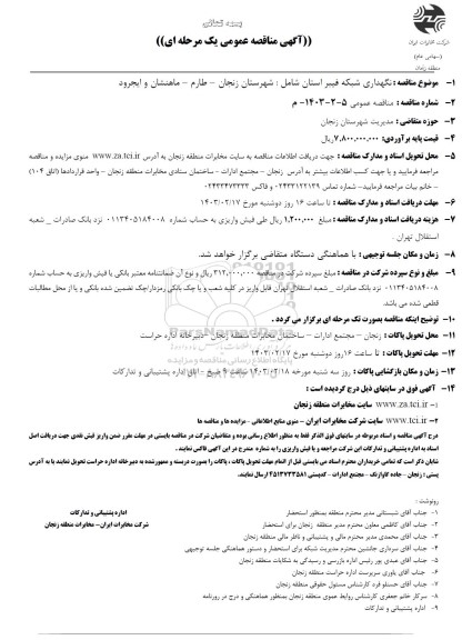 مناقصه نگهداری شبکه فیبر نوری 