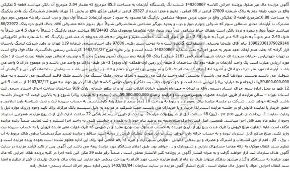 آگهی مزایده ششدانگ یکدستگاه آپارتمان به مساحت 85.3 مترمربع که مقدار 2.04 مترمربع