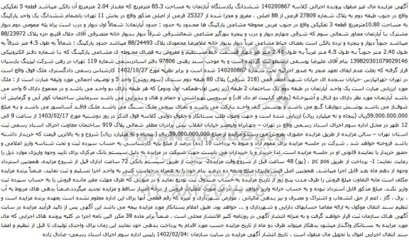 آگهی مزایده  ششدانگ یکدستگاه آپارتمان به مساحت 85.3 مترمربع که مقدار 2.04 مترمربع 