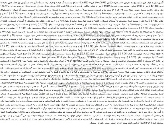 آگهی مزایده میزان 3/53دانگ مشاع ازششدانگ عرصه و اعیان یک دستگاه آپارتمان مسکونی نوع ملک طلق به پلاک ثبتی 441390 فرعی از 2395 اصلی