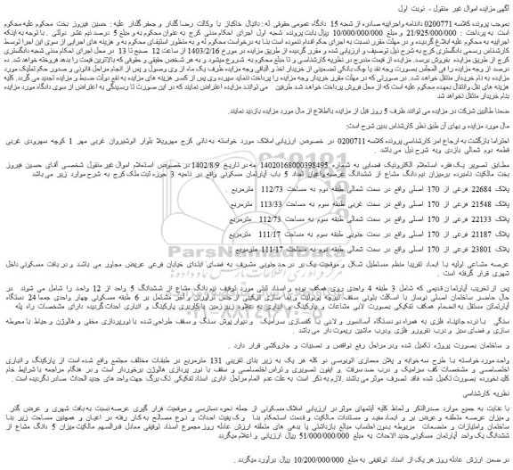 مزایده پلاک 22684 فرعی از 170 اصلی واقع در سمت شمالی طبقه دوم به مساحت 112/73 مترمربع
