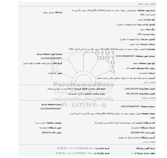 فروش سواری سمند به شماره پلاک419ب55ایران19 سفید رنگ-تیپ ال اکس7-مدل 1391