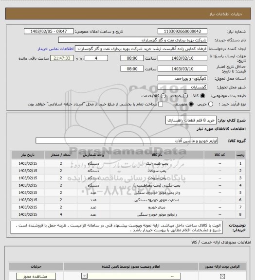 استعلام خرید 8 قلم قطعات راهسازی