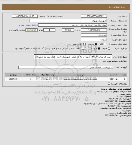 استعلام خرید 25 تن قیر 70-60 و تحویل در کارگاه بلوکی شهرداری یا محل های مورد نظر شهرداری