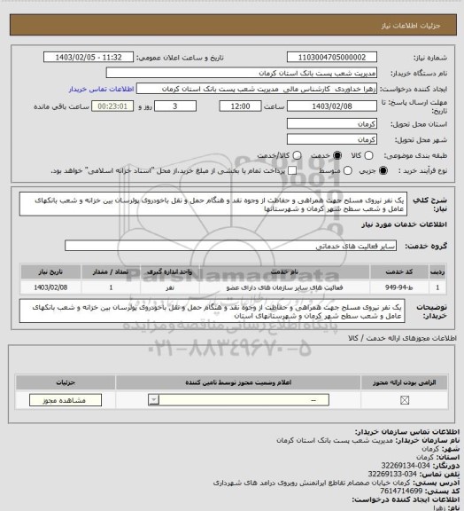 استعلام یک نفر نیروی مسلح جهت همراهی و حفاظت از وجوه نقد و هنگام حمل و نقل باخودروی پولرسان بین خزانه و شعب بانکهای عامل و شعب سطح شهر کرمان و شهرستانها