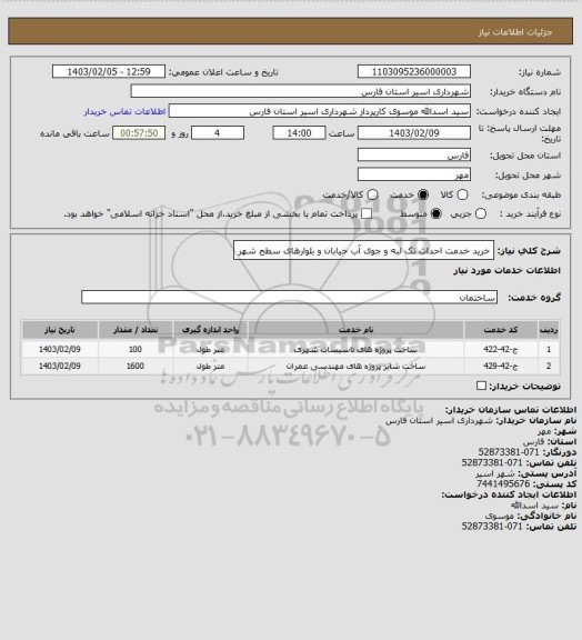 استعلام خرید خدمت احداث تک لبه و جوی آب خیابان و بلوارهای  سطح شهر