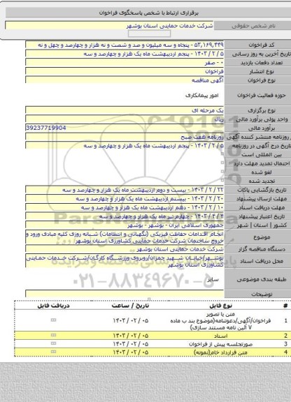 مناقصه, انجام اقدامات حفاظت فیزیکی (نگهبانی و انتظامات) شبانه روزی کلیه مبادی ورود و خروج ساختمان شرکت خدمات حمایتی کشاورزی استان بوشهر