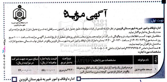 مزایده واگذاری عرصه و اعیان یک واحد آپارتمان شامل یک باب اطاق و محوطه 