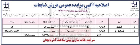مزایده فروش مقدای ضایعات ...اصلاحیه