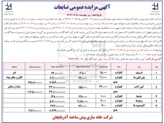 مزایده عمومی فروش مقدای ضایعات ...