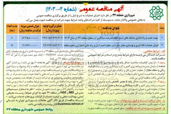 مناقصه عمومی تهیه، نصب و راه اندازی سامانه های ثبت تخلف سرعت میانگین... 