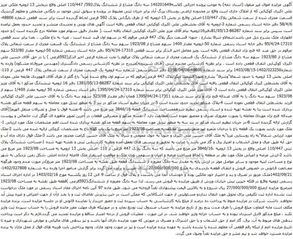 آگهی مزایده سه دانگ مشاع از ششدانگ پلاک592/ 110/447 اصلی واقع دربخش 13 