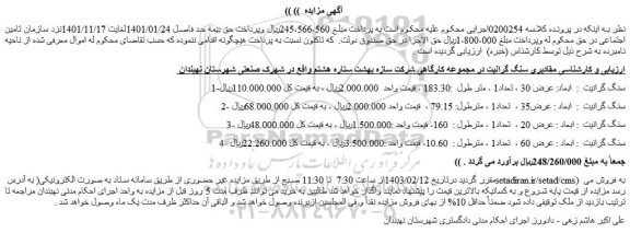 مزایده فروش مقادیری سنگ گرانیت در مجموعه کارگاهی شرکت سازه بهشت ستاره هشتم