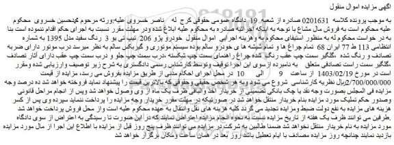 مزایده فروش خودرو پژو 206 تیپ تی یو 3 رنگ سفید مدل 1395
