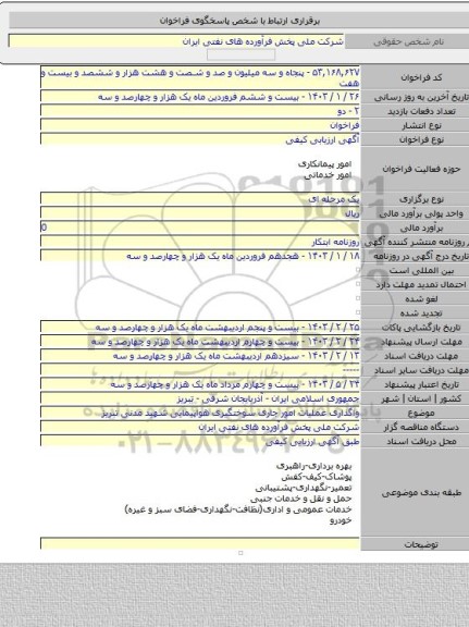 مناقصه, واگذاری عملیات امور جاری سوختگیری هواپیمایی شهید مدنی تبریز