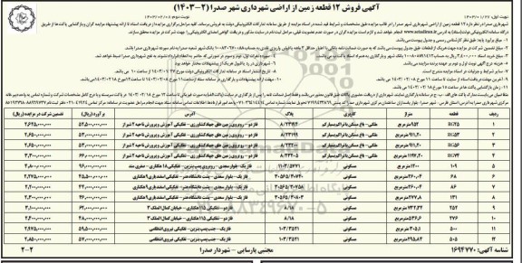 مزایده فروش 12 قطعه زمین از اراضی - نوبت دوم