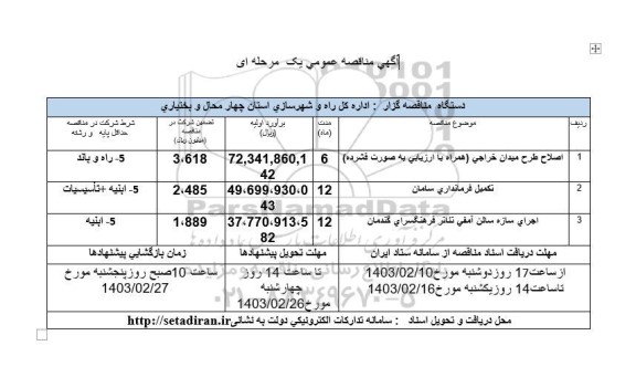 مناقصه عمومی اصلاح طرح میدان خراجی ...