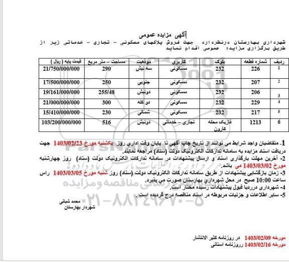 مزایده فروش پلاکهای مسکونی -تجاری - خدماتی 