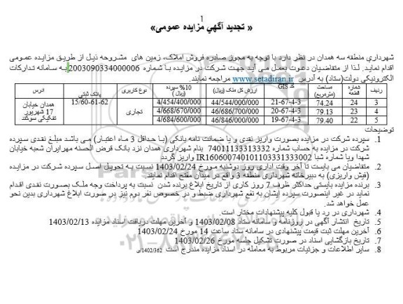 تجدید مزایده فروش سه قطعه زمین با کاربری تجاری 