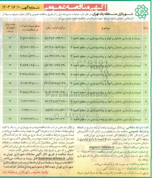 مناقصه مرمت و بازسازی جداول و انهار و پیاده روسازی 