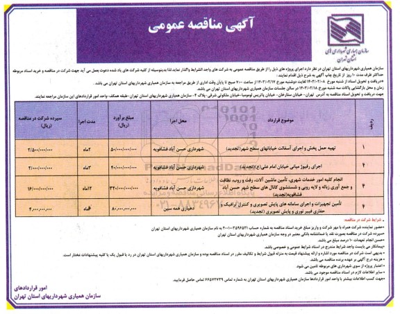 مناقصه تهیه حمل پخش و اجرای آسفالت خیابانهای سطح شهر (...