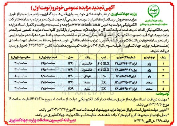 تجدید مزایده فروش خودرو پژو، رنو، سمند