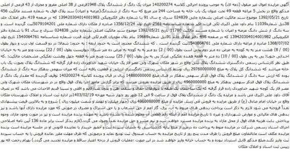 آگهی مزایده یک دانگ از ششدانگ پلاک 1948فرعی از 38 اصلی مفروز و مجزی از 43 فرعی از اصلی