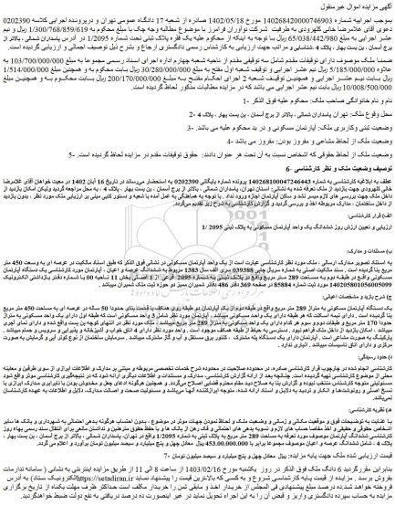 مزایده فروش ششدانگ یک واحد آپارتمان مسکونی به پلاک ثبتی 2095 /1