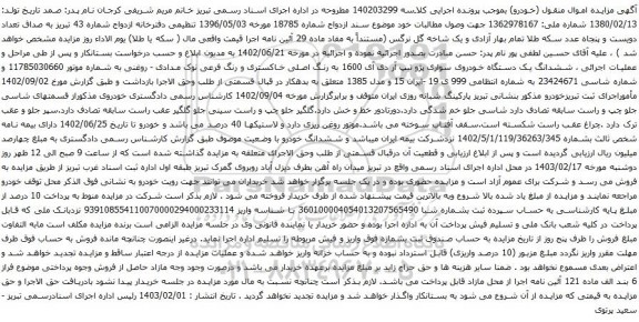 آگهی مزایده ششدانگ یک دستگاه خودروی سواری پژو تیپ آر دی آی 1600 