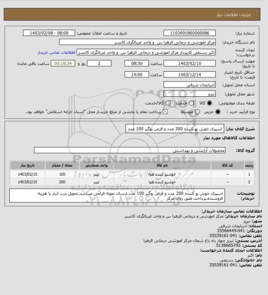 استعلام اسپری خوش بو کننده 200 عدد و قرص بوگیر 100 عدد