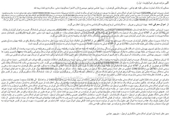 مزایده فروش ششدانگ عرصه واعیان آپارتمان پلاک ثبتی13792 فرعی از 4797 اصلی 